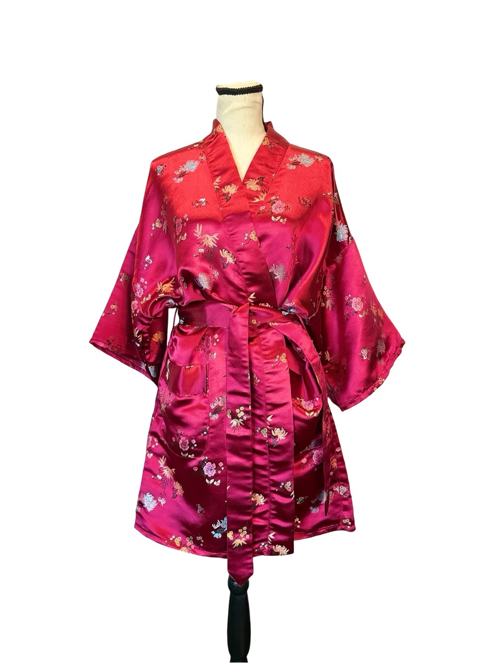 Solz Squirrel Vintage Satin Kimono Robe Magenta Floral Asian Lounge Wrap OS